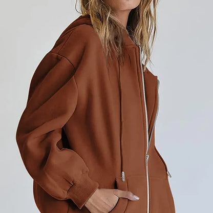 Women’s Gray Zip-Up Hoodie Sweatshirt – Autumn Winter Long Sleeve Jacket with Pockets