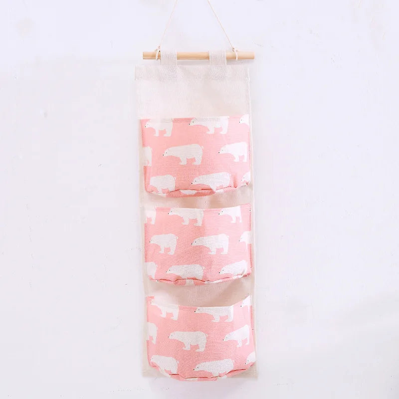 Three-Pocket Hanging Wall Storage Bag – Cotton Linen Organizer for Bedroom, Living Room & Kitchen