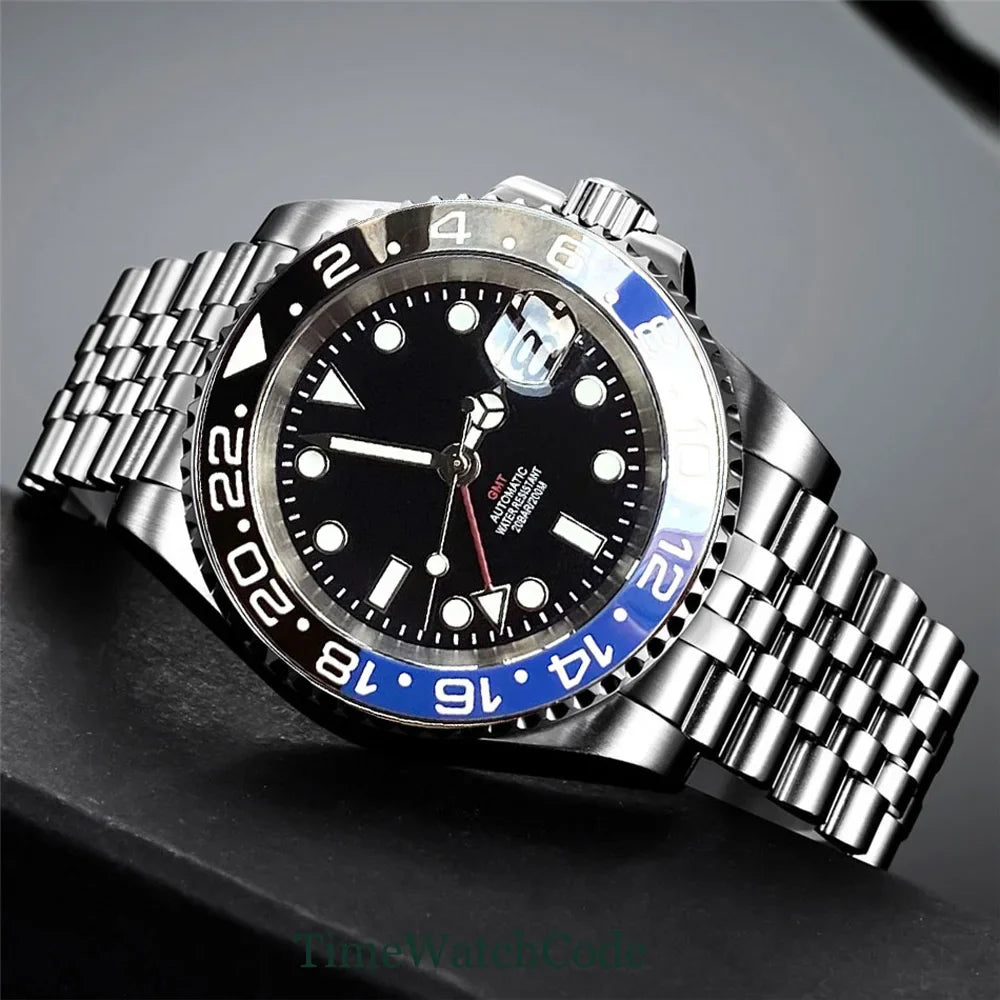 Tandorio 40mm Men’s Automatic Watch – NH34A Movement, GMT Function, Luminous Black Dial, Sapphire Crystal, Auto Date & Rotating Bezel