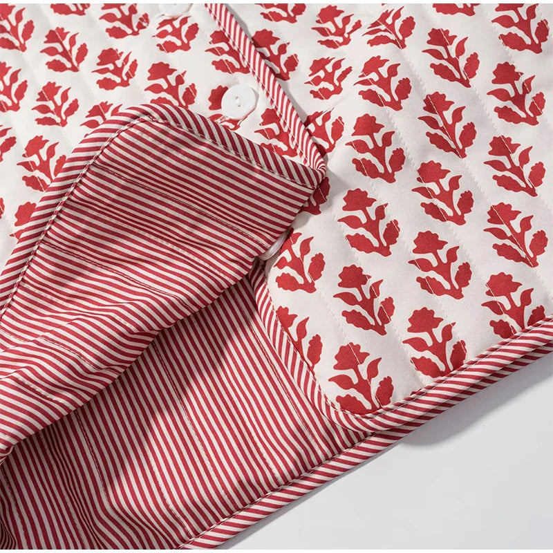 2025 Women’s Printed Quilted Padded Jacket – Collared Cotton Coat with Contrast Piped Pockets, Casual Autumn Outerwear