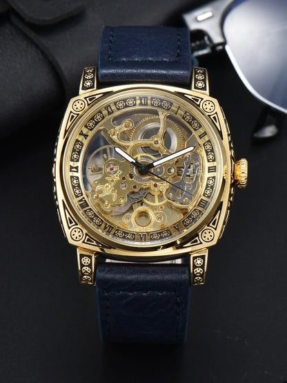 LONGLUX Automatic Mechanical Skeleton Watch – Retro Style Waterproof Leather Men’s Wristwatch, No Logo
