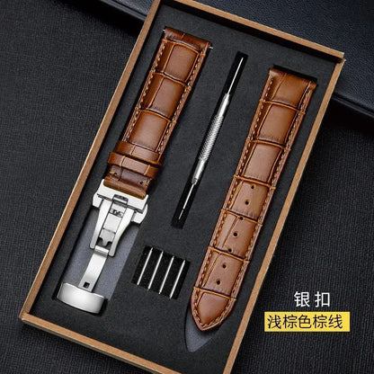 Genuine Leather Watch Strap with Wooden Box – Butterfly Clasp Bracelet 18-24mm Wristband