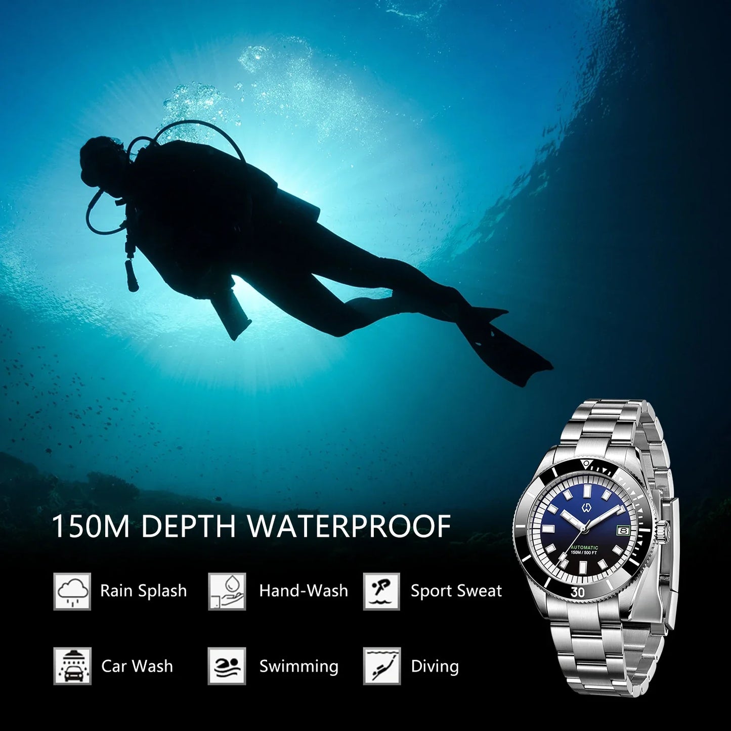 Men’s Automatic Mechanical Watch – Super Luminous Bezel, Japan NH35 Movement, 150M Waterproof Diving Watch
