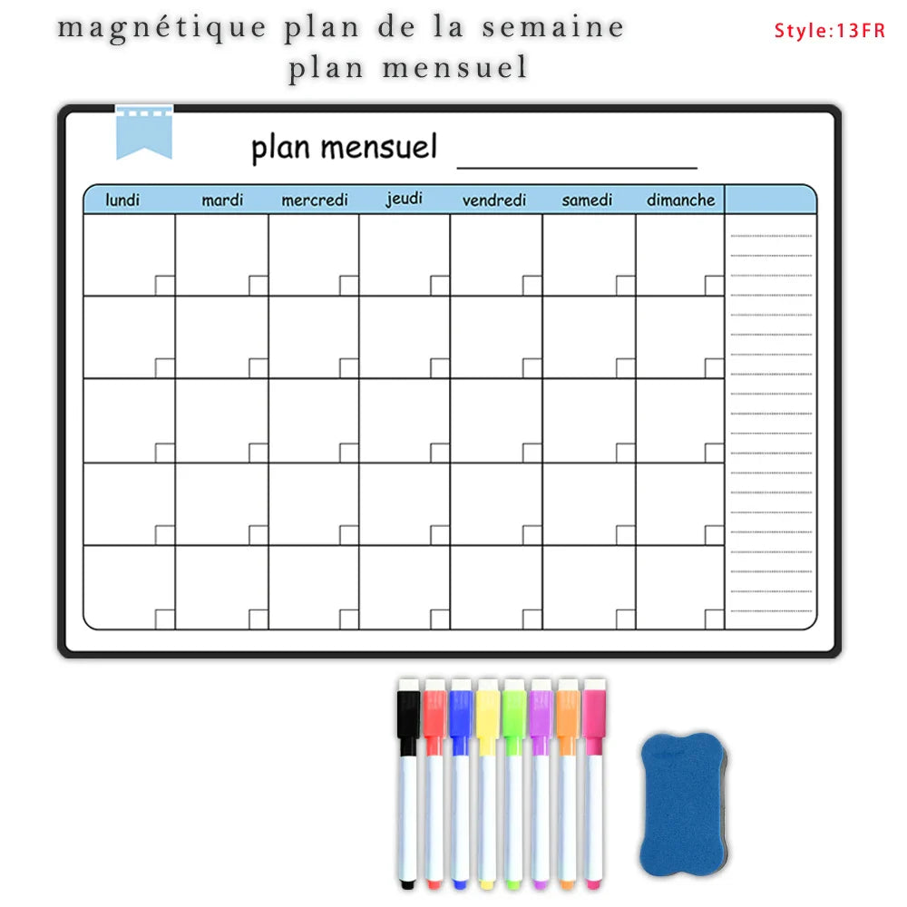 A3 Dry Erase Whiteboard Fridge Calendar – Weekly & Monthly Planner in Spanish, French, English