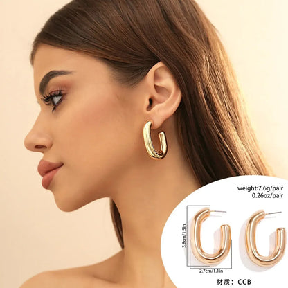 Vintage U-Shape Link Hoop Earrings – Geometric Punk Metal Jewelry for Women