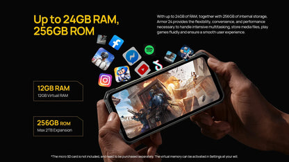 Ulefone Armor 24 Rugged Phone - 22000mAh, 24GB+256GB, 6.78" 120Hz Display, 64MP+64MP Camera, NFC, LED Light, Global Version