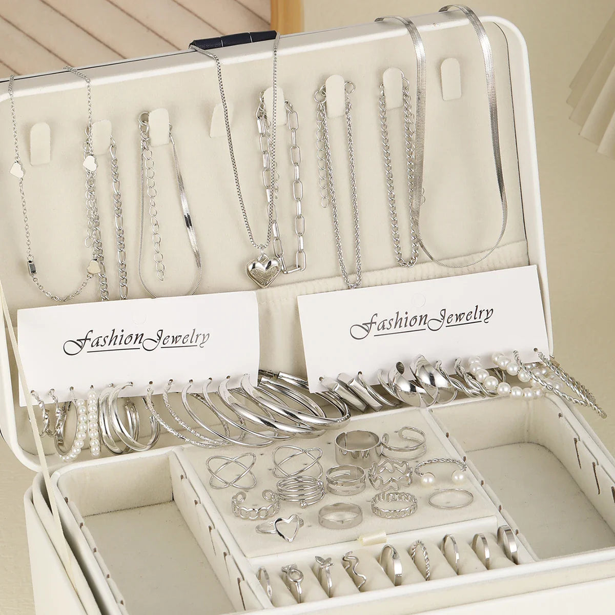 54-Pcs Women’s Vintage Pearl Jewelry Set – Earrings, Rings, Necklace, Bracelet & Heart Pendant, Boho Daily Wear Gift 2024