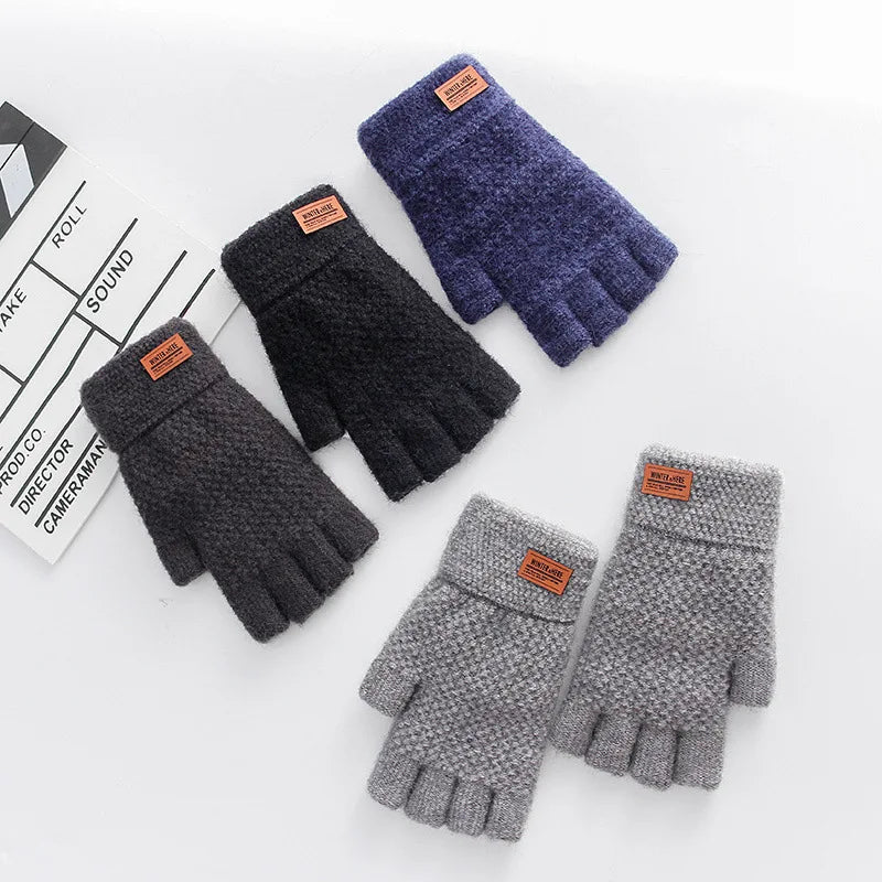 Winter Half Finger Gloves for Men - Alpaca Wool Warm Thick Knitted Gloves | Elastic Driving & Cycling Gloves for Office & Students