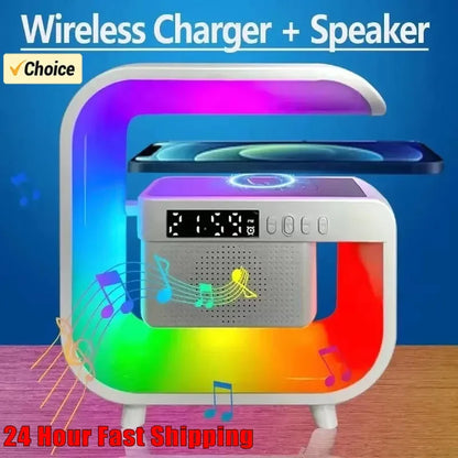 Multifunction Wireless Charger Stand with Bluetooth 5.0 Speaker - FM, TF, RGB Night Light, Fast Charging Station for iPhone, Samsung, Xiaomi