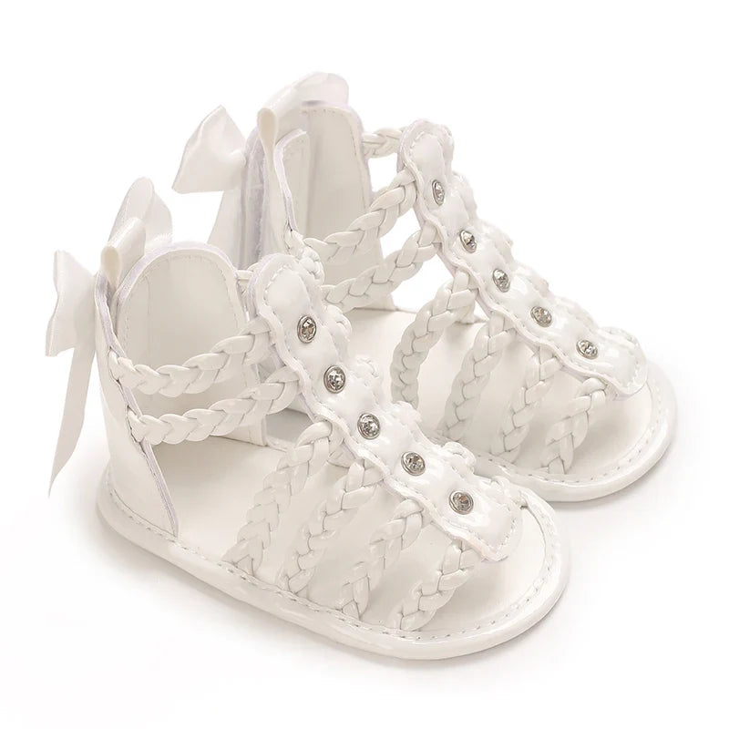 Baby Girl Bowknot Sandals - PU Leather Braided Non-Slip Summer Flats for Toddlers