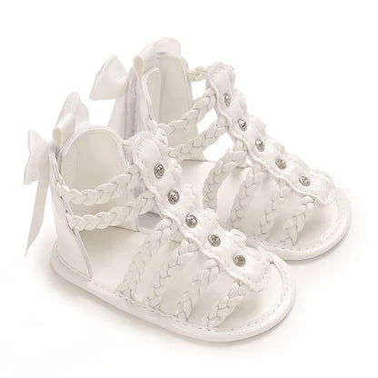 Baby Girl Bowknot Sandals - PU Leather Braided Non-Slip Summer Flats for Toddlers