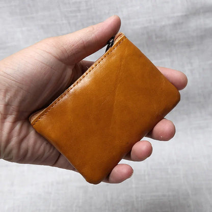 Leather Mini Coin Purse – Unisex Retro Handmade Cowhide Small Wallet with Zipper & Key Case