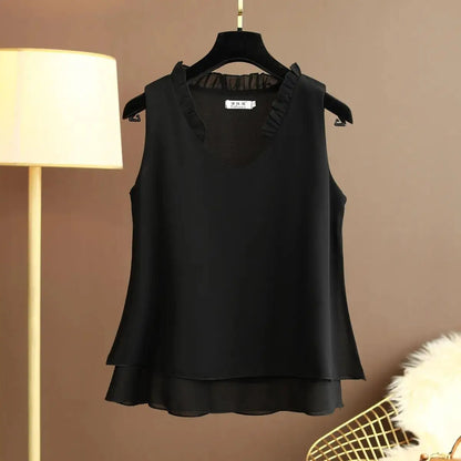 Women's Chiffon V Neck Blouse - Loose Sleeveless Plus Size Fashion Top M-5XL