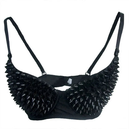 Silver Rivets Punk Rave Bralette – Gothic Push-Up Lingerie Bra Top for Nightclub & Party