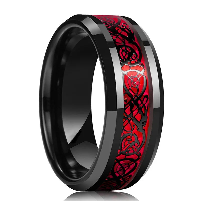 Red Rhinestone Wedding Ring Set - Stainless Steel Black Dragon Pattern Couple Bands for Men & Women