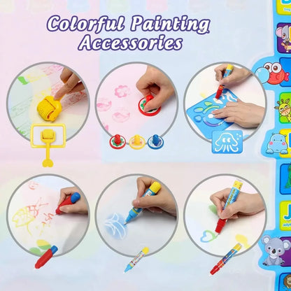 Magic Water Drawing Mat - Reusable Doodle Coloring Board with Magic Pens for Kids