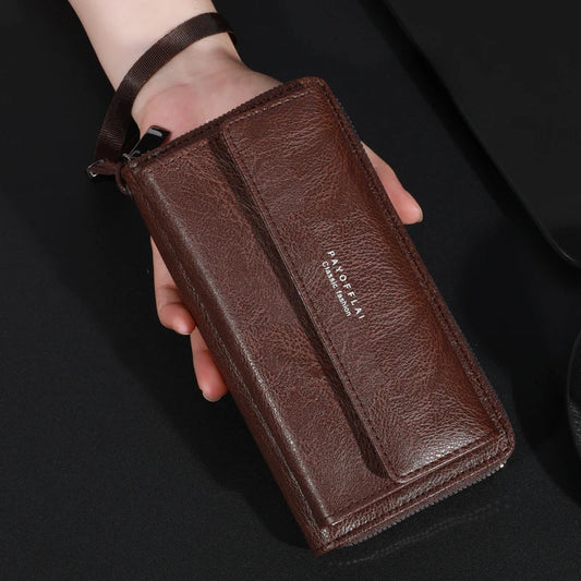 Men's PU Leather Zipper Wallet – Large Capacity Clutch Bag with Phone Holder, Card Slots & Coin Pocket
