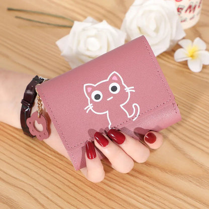 Women’s Cute Cat PU Leather Wallet — Small Short Card Holder Purse with Hasp, Fashion Money Bag for Girls & Gifts