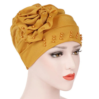 2024 Pearl Embellished Muslim Turban Beanie for Women – Elastic Hijab Headwrap with Flower Chemo Cap