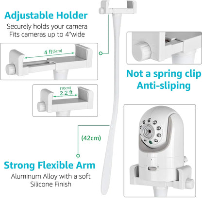 Universal Long Flexible Silicone Baby Monitor Holder - White, Hole-Free IP Camera Mount for Crib and Cradle