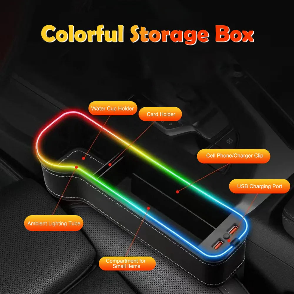 Car Crevice Storage Box with 2 USB Charger – LED Seat Gap Organizer, Phone, Bottle, and Cup Holder