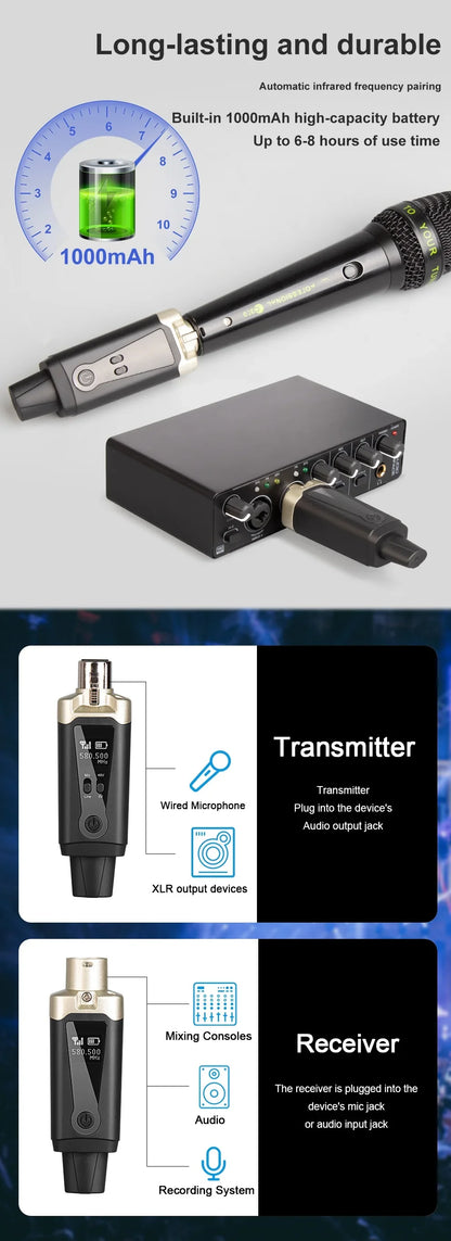 Wireless Microphone System with XLR Converter Adapter – UHF Automatic Transmitter for Condenser & Dynamic Mics