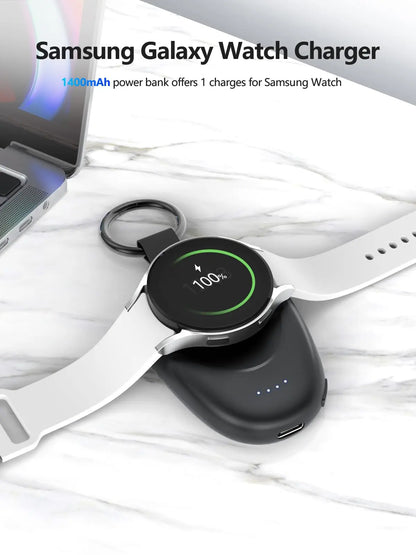 1400mAh Portable Wireless Charger & Power Bank — Magnetic Keychain Charging for Galaxy Watch 7/Ultra/6/5 Pro/4/3/Active 2