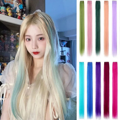 22-Inch Rainbow Highlight Synthetic Hair Extensions – Long Straight Colorful Hairpiece for Women & Kids