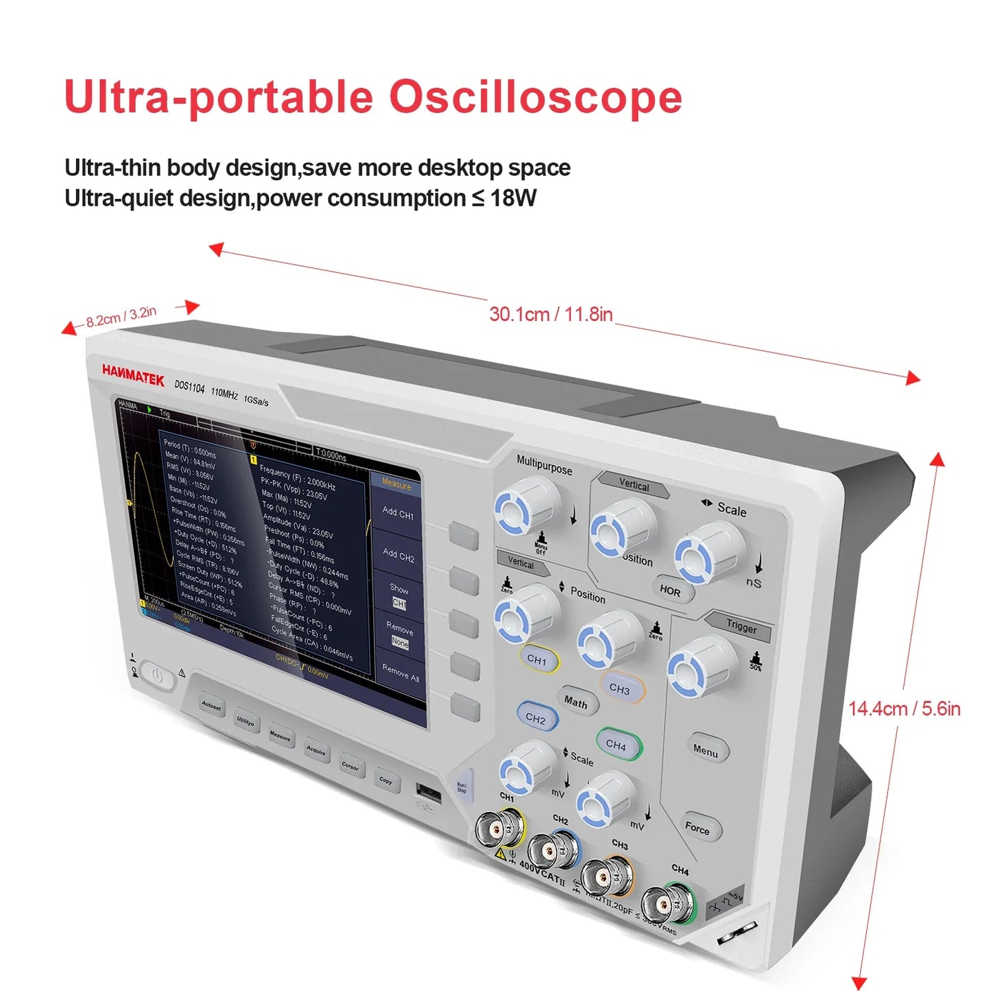 Hanmatek Digital Oscilloscope – 2/4 Channel 110MHz Bandwidth, 1GS/s Sampling Rate, 7'' TFT Display, Desktop Storage Scope
