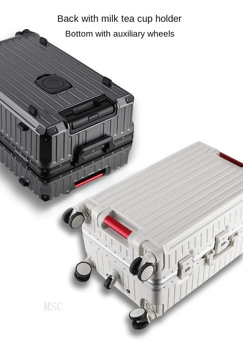 30-Inch Five-Wheel Aluminum Frame Suitcase — Multifunctional Cabin Luggage with Password Lock, USB Port & Cup Holder