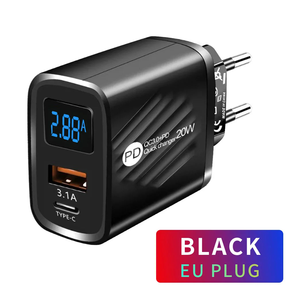 20W USB-C PD Fast Charger with Digital Display - Type C Wall Charging Adapter for iPhone, Samsung, Xiaomi, Huawei