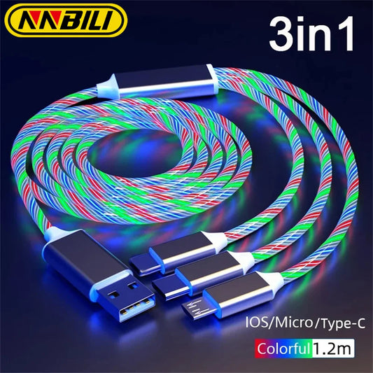 NNBILI 3-in-1 Glowing LED Fast Charging Cable – Luminous USB Type-C Charger for iPhone, Xiaomi & Phones