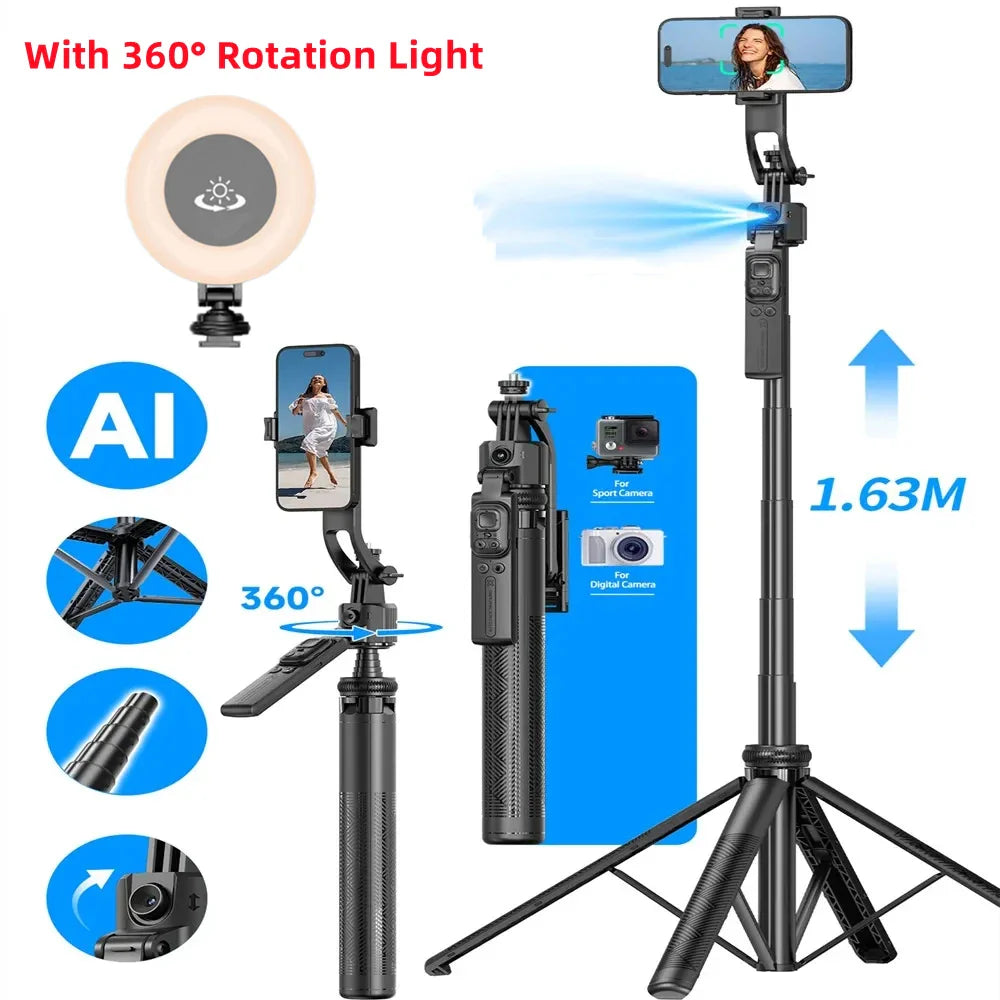 C17 360° Auto-Rotation Monopod – AI Tracking Tripod with Bluetooth Shutter, Fill Light & Wireless Selfie Stick for Phones