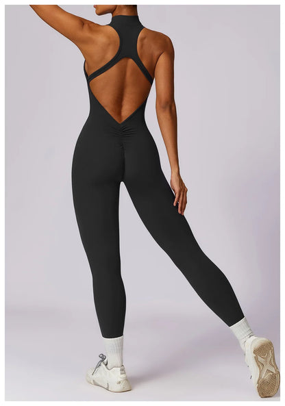 Women’s V-Back One-Piece Sports Jumpsuit — Sleeveless Yoga Romper with Zipper Workout Bodysuit