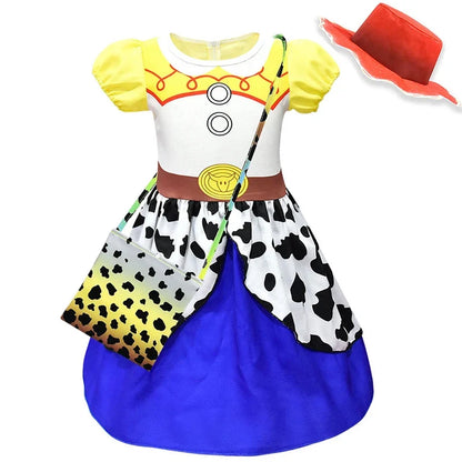Kids Cowgirl Costume Dress - Girls Cartoon Print Short Sleeve Halloween Cosplay Party Outfit