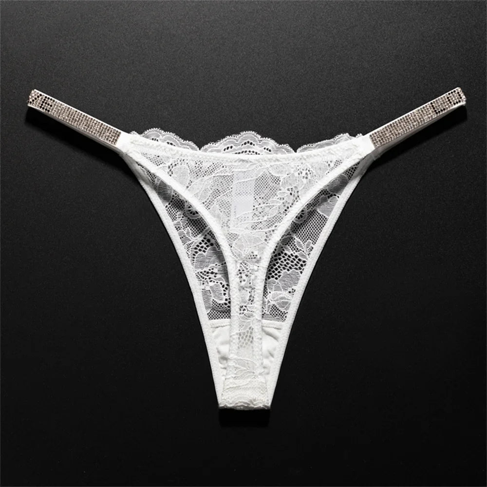 Women's Crystal Lace Thong - Sheer Transparent Breathable T-Back Lingerie Plus Size S-XL