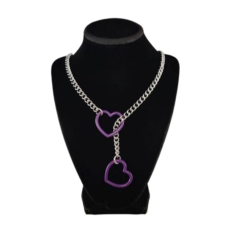 Heart O-Ring Punk Rock Necklace – Stainless Steel Cuban Chain Y-Necklace for Women
