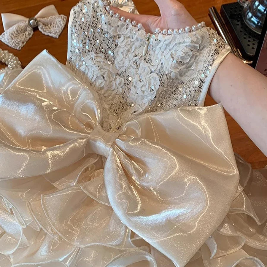 Baby Girls Princess Tutu Dress - Big Bow Birthday, Wedding & Christening Gown