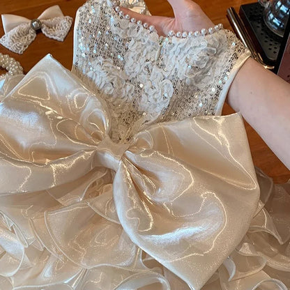 Baby Girls Princess Tutu Dress - Big Bow Birthday, Wedding & Christening Gown