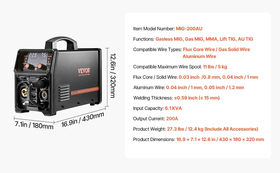VEVOR 5-in-1 200A MIG Welder – Gas/Flux Core MIG, Stick, Lift TIG, AU TIG with LCD Display