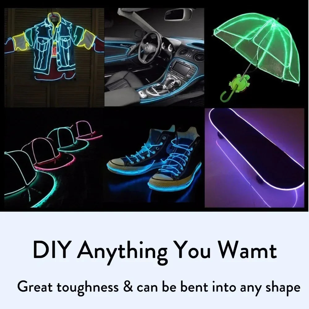 Glow EL Wire Cable - LED Neon Light for Christmas, Dance Party, DIY Costumes, Luminous Car Decoration, Rave Clothing - Available in 1m/3m/5m Lengths