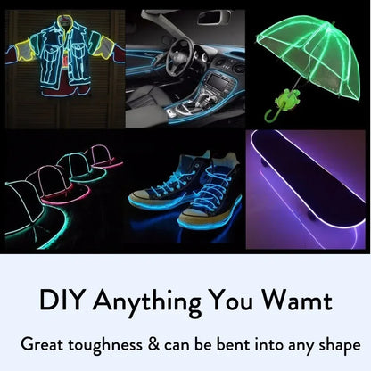Glow EL Wire Cable - LED Neon Light for Christmas, Dance Party, DIY Costumes, Luminous Car Decoration, Rave Clothing - Available in 1m/3m/5m Lengths