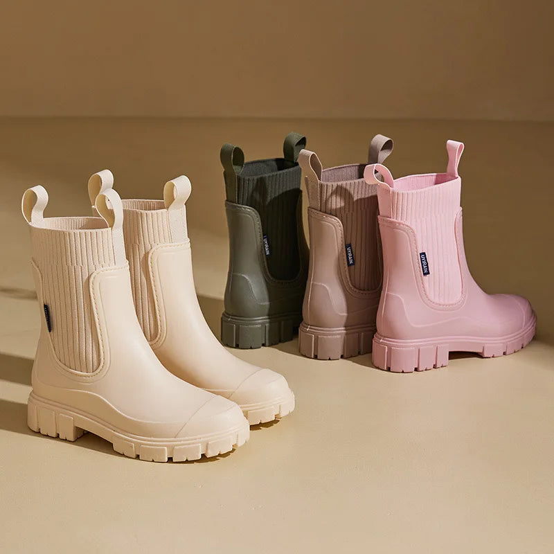 Women’s Mid-Calf PVC Rain Boots – Waterproof Solid Round Toe Platform Shoes