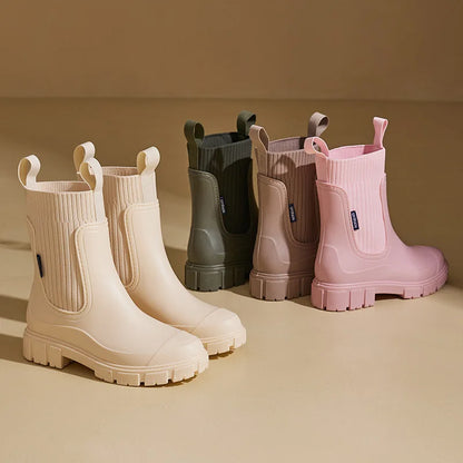 Women’s Mid-Calf PVC Rain Boots – Waterproof Solid Round Toe Platform Shoes