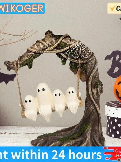 Halloween White Ghost Sculptures — Funny Swinging Tree Ornaments for Tabletop Centerpiece Decor