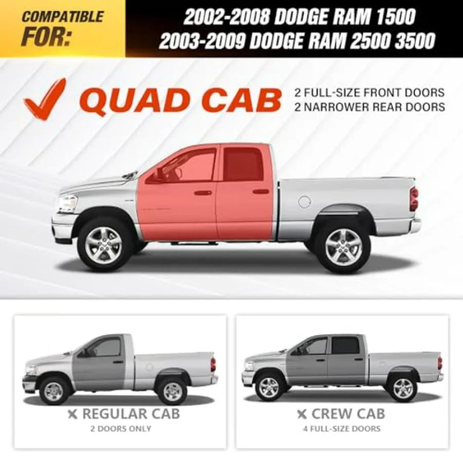 Quad Cab Running Boards Side Steps for Dodge Ram 1500 2500 3500 - Bolt-On Nerf Bar Side Step for Double & Extended Cab 2002-2009