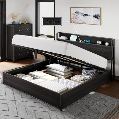 King Lift-Up Storage Bed Frame - Wooden Platform Bed with USB Charging, No Box Spring Required