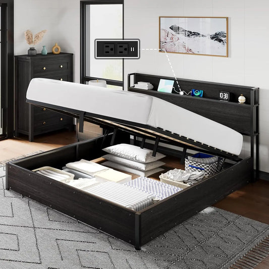 King Lift-Up Storage Bed Frame - Wooden Platform Bed with USB Charging, No Box Spring Required