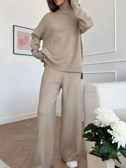Women’s 2-Piece Autumn & Winter Knitted Tracksuit – Turtleneck Sweater with Straight Jogging Pants Set