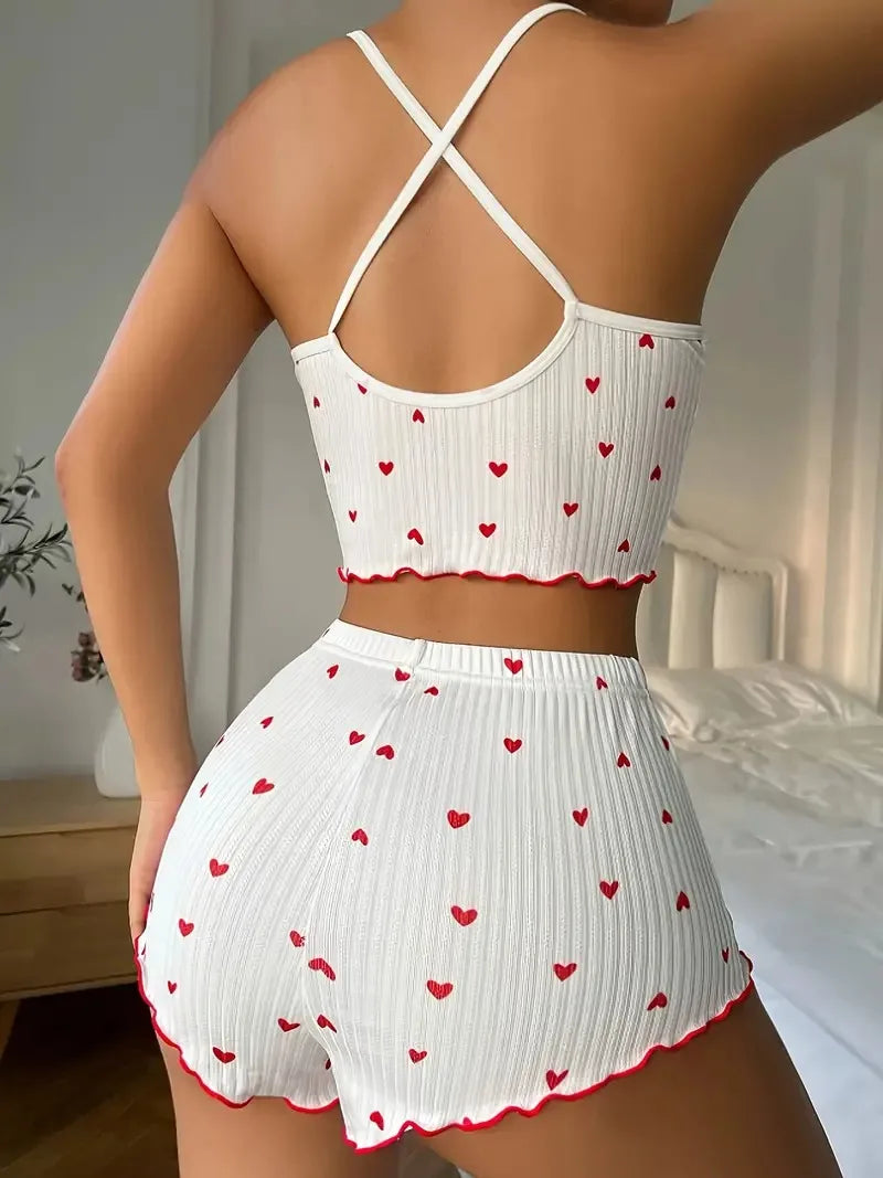 Women’s Heart Print Pajama Set – Soft Ribbed Cami Top & Shorts Sleepwear with Frill Trim Casual Loungewear Set